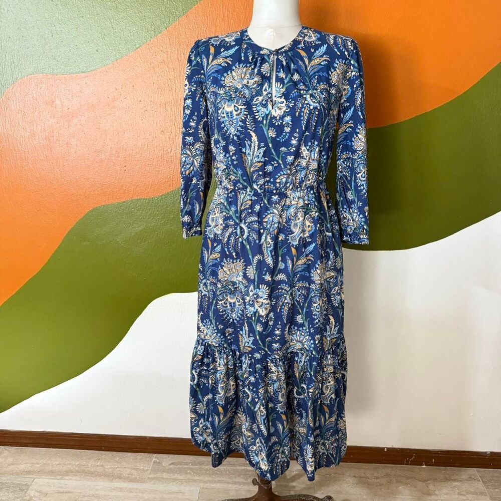J.McLaughlin Blue Paisley Floral Midi Dress Cotton Tiered Smocked Keyhole Boho S